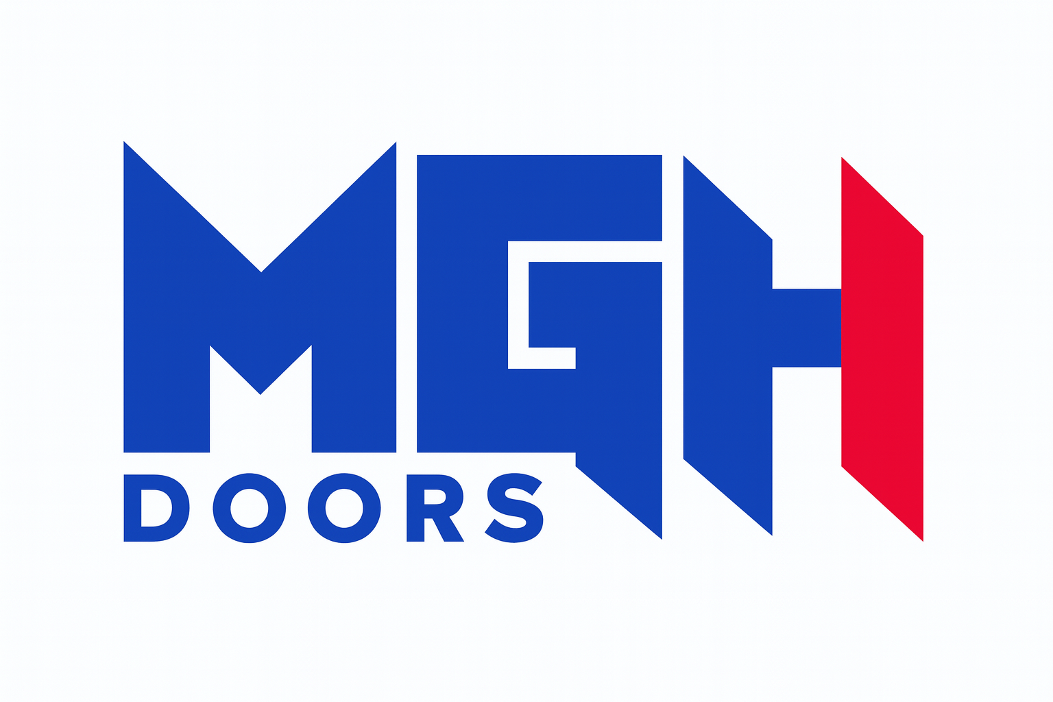 Logo of MGH Doors with blue and red design on a white background
