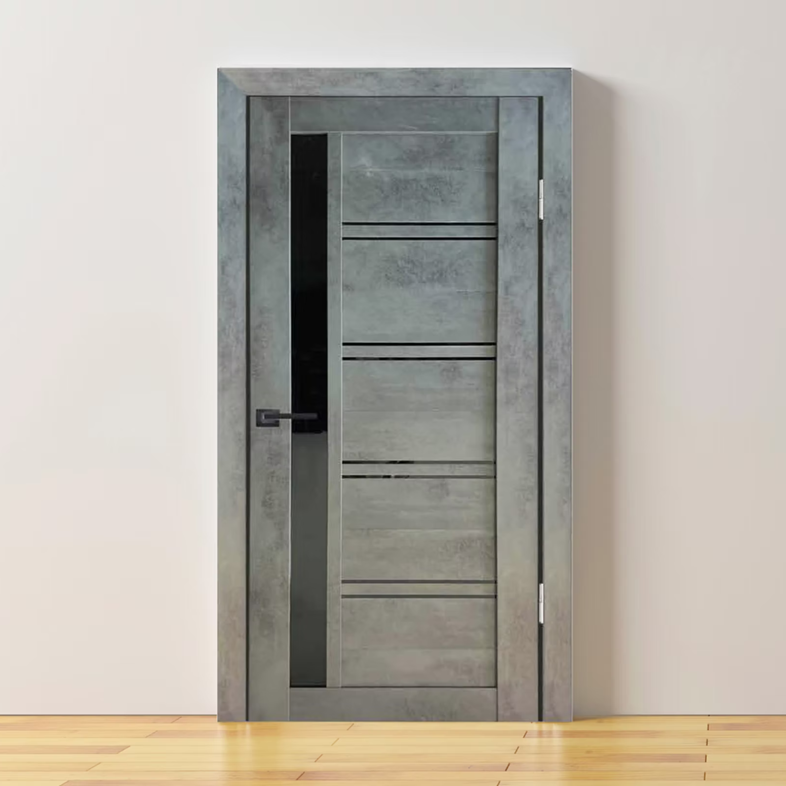 Wooden door with a dark finish on a plain wall and wooden floor